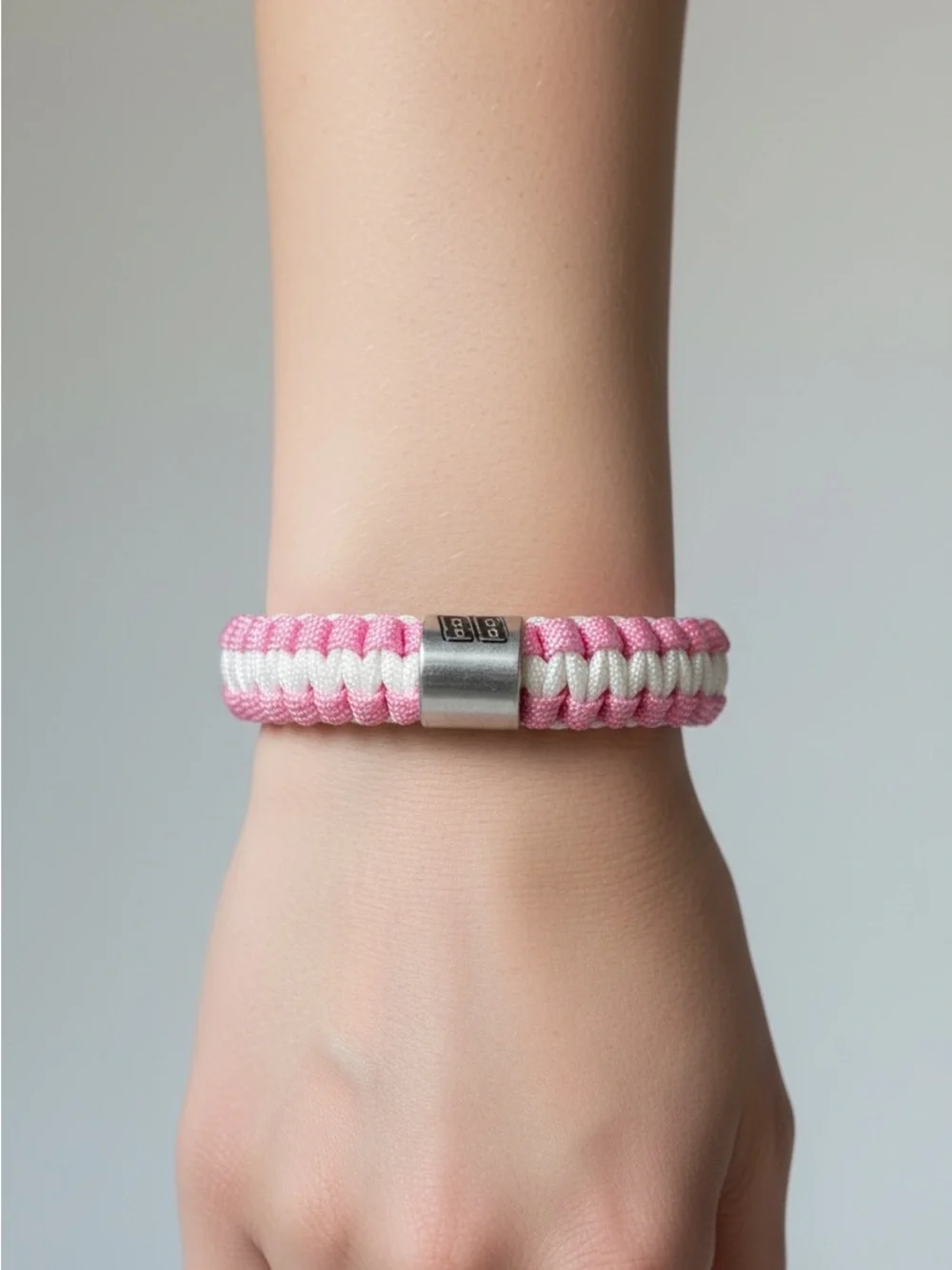 10/4 Nascar Pink and White Braided Cord Bracelet with Silver Clasp